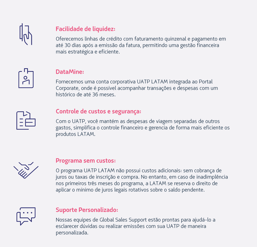 Facilidade de liquidez: Oferecemos linhas de crédito com faturamento quinzenal e pagamento em até 30 dias após a emissão da fatura, permitindo uma gestão financeira mais estratégica e eficiente.   DataMine: Fornecemos uma conta corporativa UATP LATAM integrada ao Portal Corporate, onde é possível acompanhar transações e despesas com um histórico de até 36 meses.  Controle de custos e segurança: Com o UATP, você mantém as despesas de viagem separadas de outros gastos, simplifica o controle financeiro e gerencia de forma mais eficiente os produtos LATAM.    Programa sem custos:  O programa UATP LATAM não possui custos adicionais: sem cobrança de juros ou taxas de inscrição e compra. No entanto, em caso de inadimplência nos primeiros três meses do programa, a LATAM se reserva o direito de aplicar o mínimo de juros legais rotativos sobre o saldo pendente.   Suporte Personalizado:  Nossas equipes de Global Sales Support estão prontas para ajudá-lo a esclarecer dúvidas ou realizar emissões com sua UATP de maneira personalizada.
